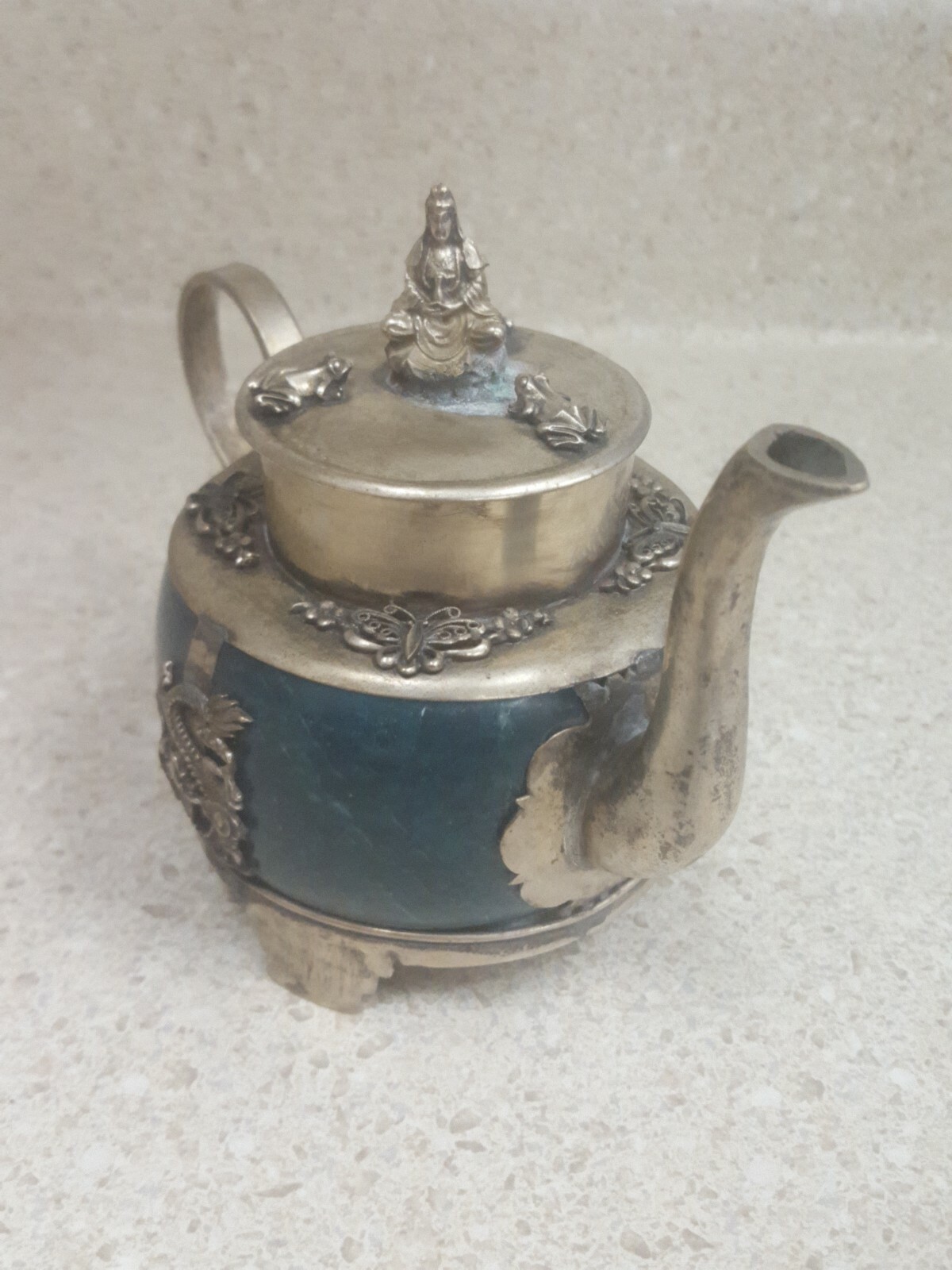 CHINESE TEA POT MINIATURE MIXED MATERIALS ANTIQUE C 1880 GARNET BODY MARKED
