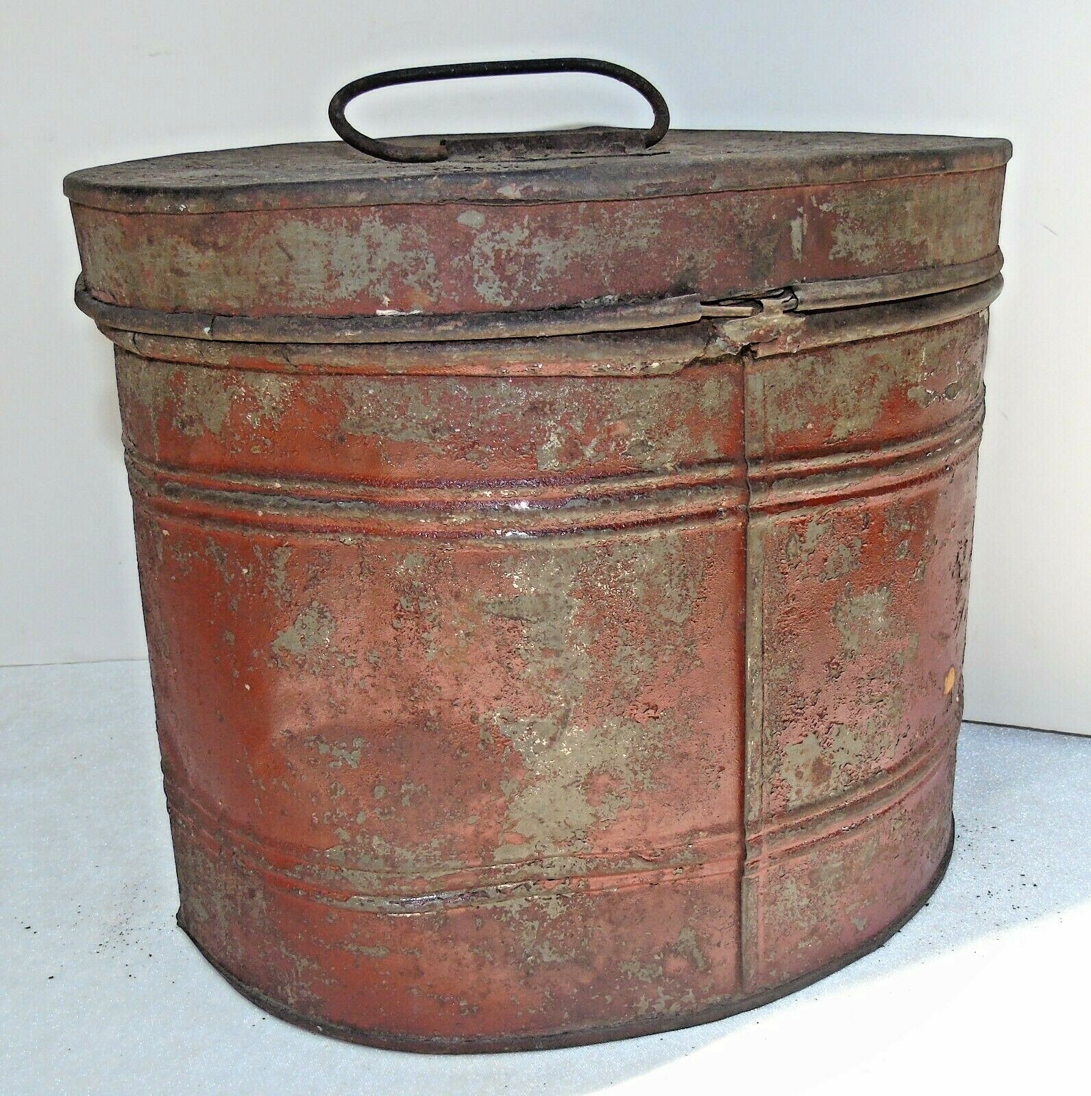 Antique Primitive Metal Tin Hat? Box w/ Lid Handle Latch Red Paint