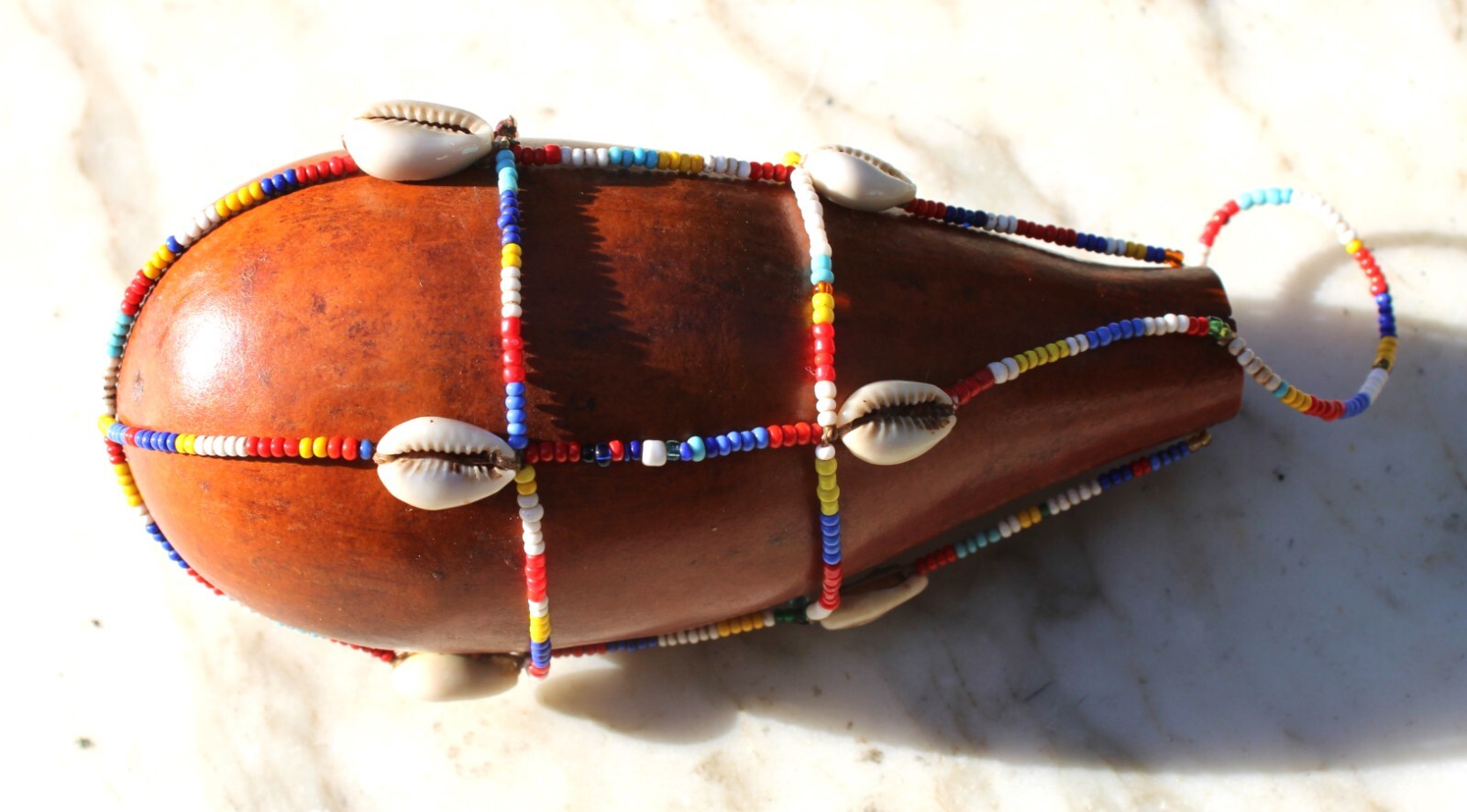 Vintage African Maasai Calabash Gourd Bottle w/Bead and Cowry Shell Decoration