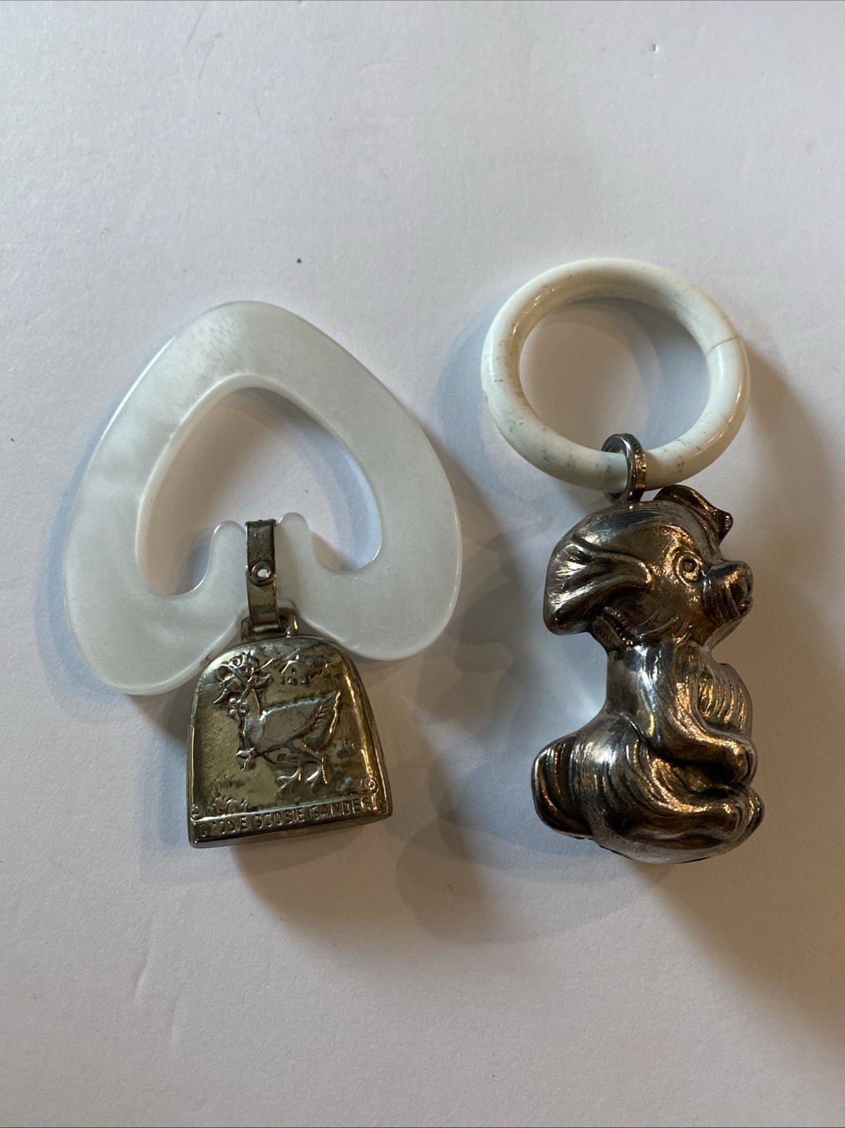 2 Vintage Sterling Silver Mother Goose Puppy Dog Teething Ring/Rattle