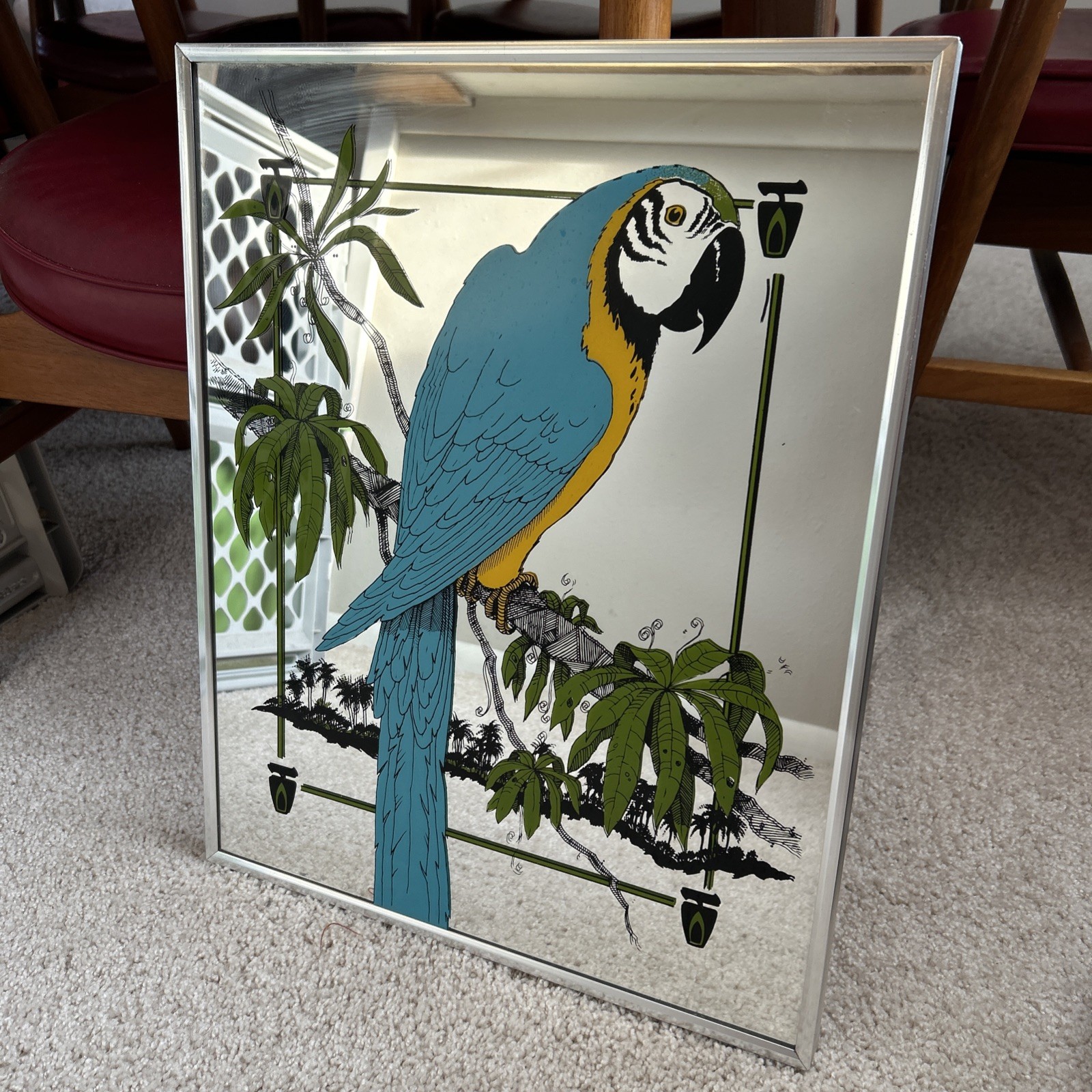 Vintage Reverse Painted Parrot Mirror – Mid Century Tropical Wall Art – 1970s