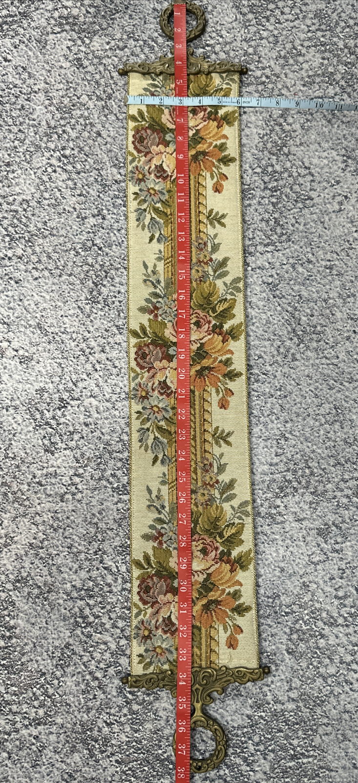 Vintage 38” MCM Corona Decor Tapestry Wall Hanging Roses Ornate Solid Brass Ends