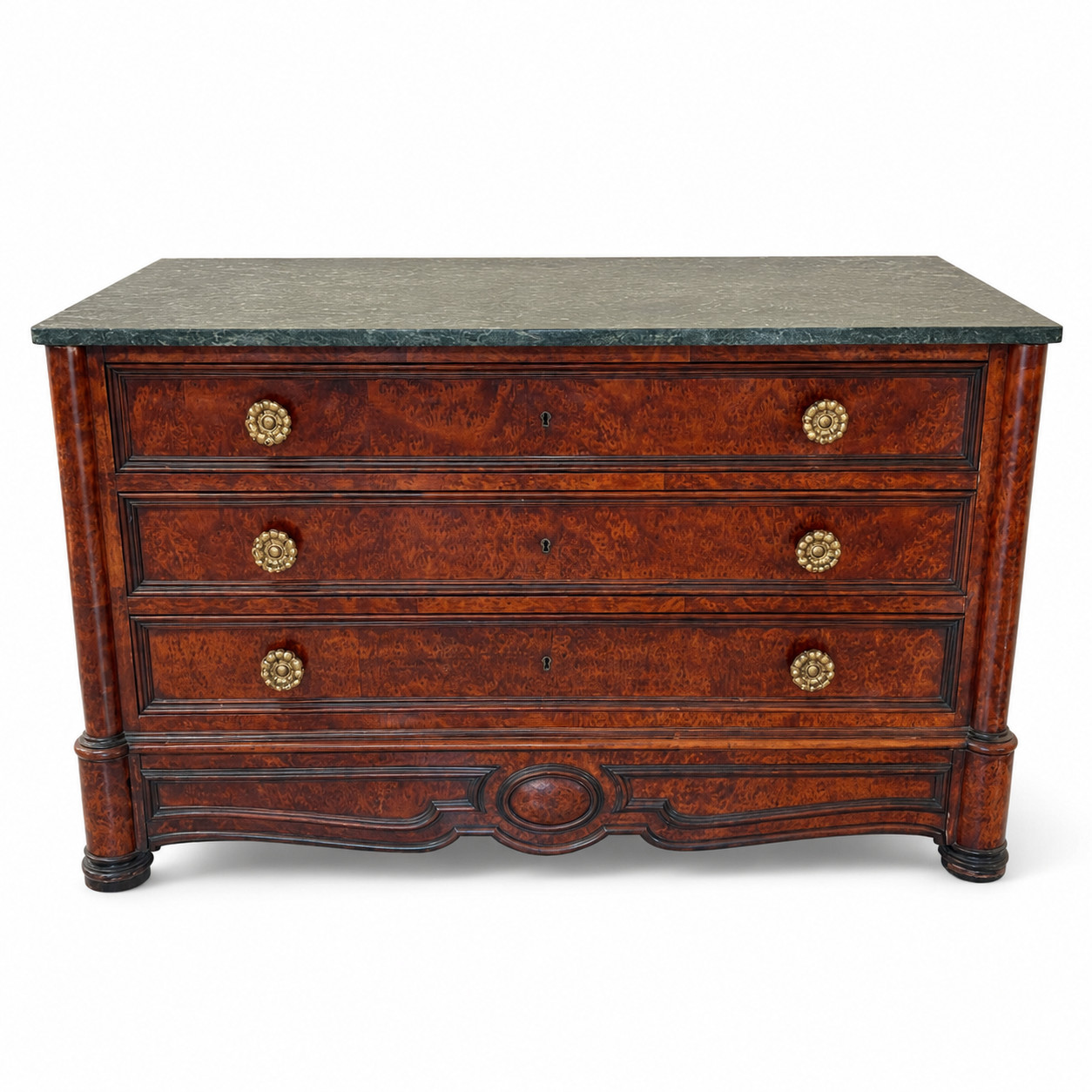 Antique Burl Wood Dresser with Stone Top – Victorian Revival Chest of Drawers
