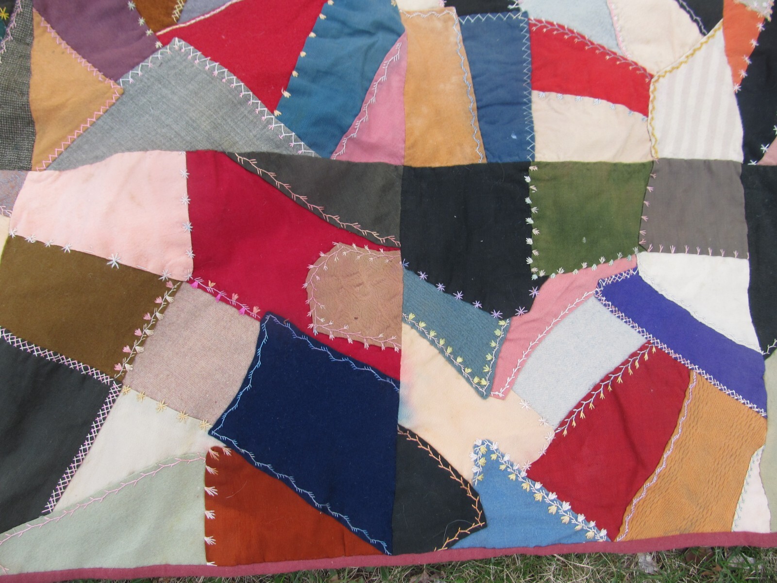 COLORFUL Antique Handmade Patchwork & HIGHLY EMBROIDERED “CRAZY” Quilt, 1890