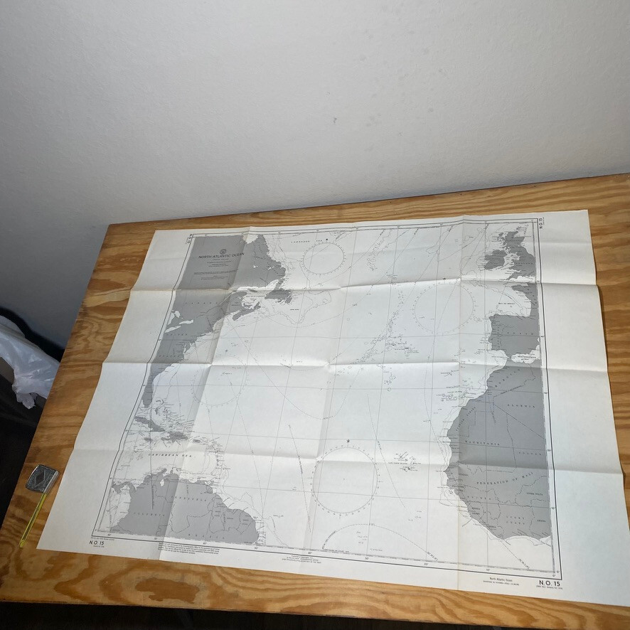 1962 US NAVY HYDROGRAPHIC NAUTICAL MAP CHART 15 North Atlantic Ocean 44×33.5