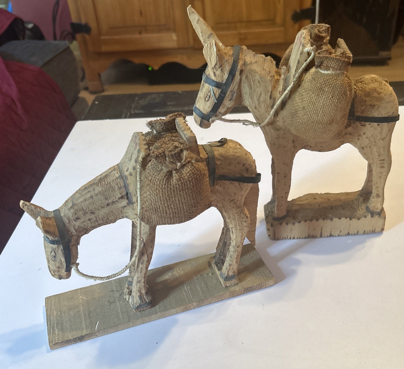 2 Vintage Hand Carved Rare Wooden Wooden Donkey Burro Carving Figurine, Read