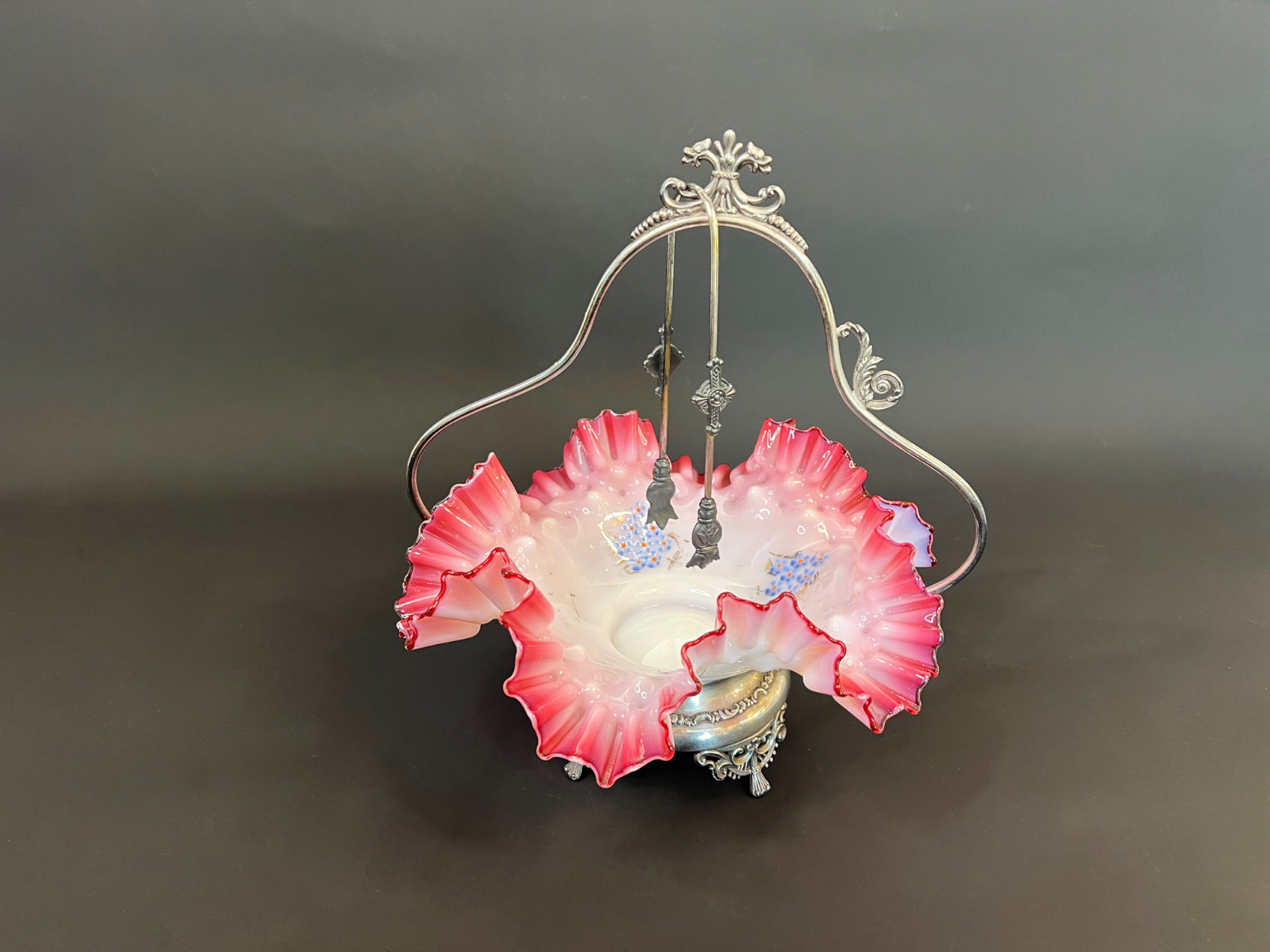 Antique Adelphi Bride Basket Victorian Cranberry Pink Glass Silver Pl w Tongs