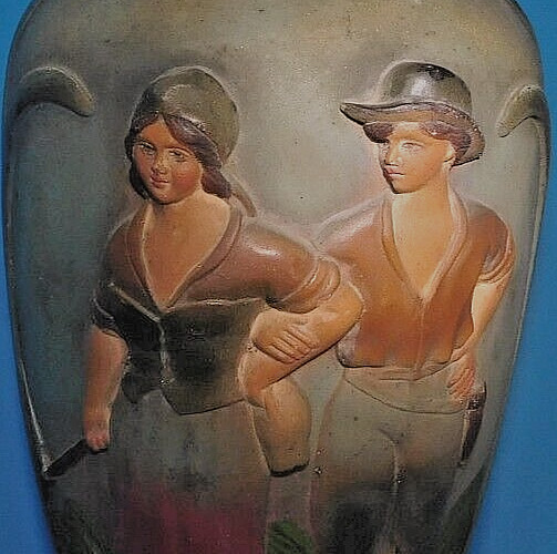 Antique Art-Nouveau 19th c France Marked, MANQUE DEPOSSE Lg Vase, Couple w/Sheep