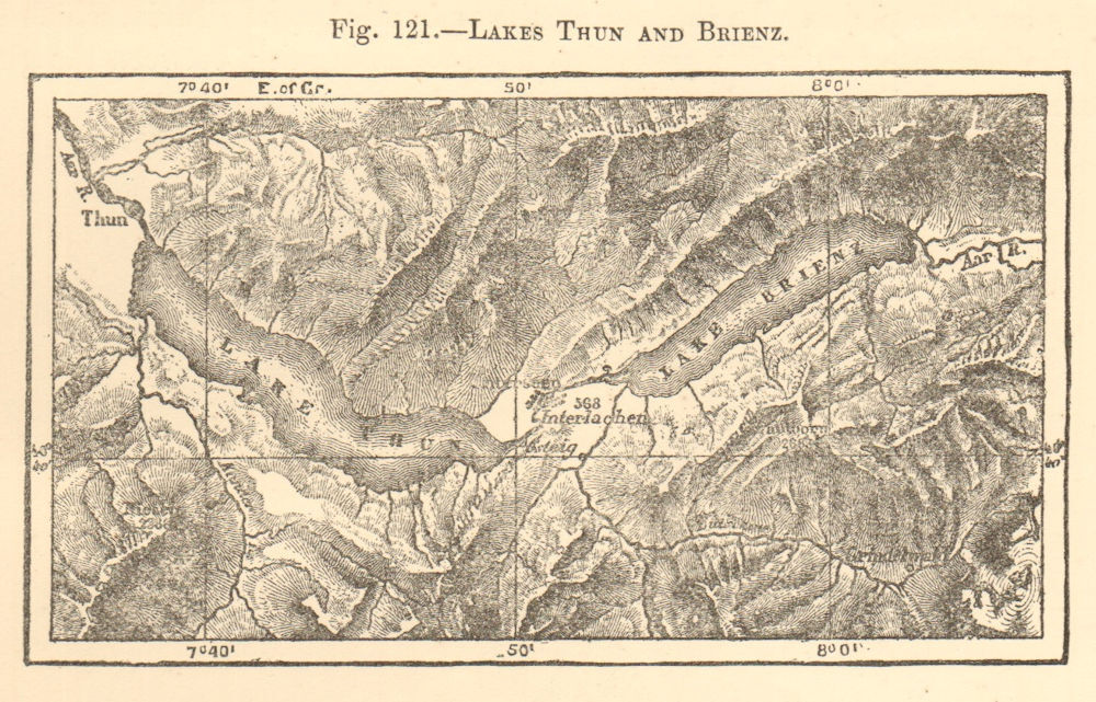 Lakes Thun and Brienz. Switzerland. Interlaken. SMALL sketch map 1886 old