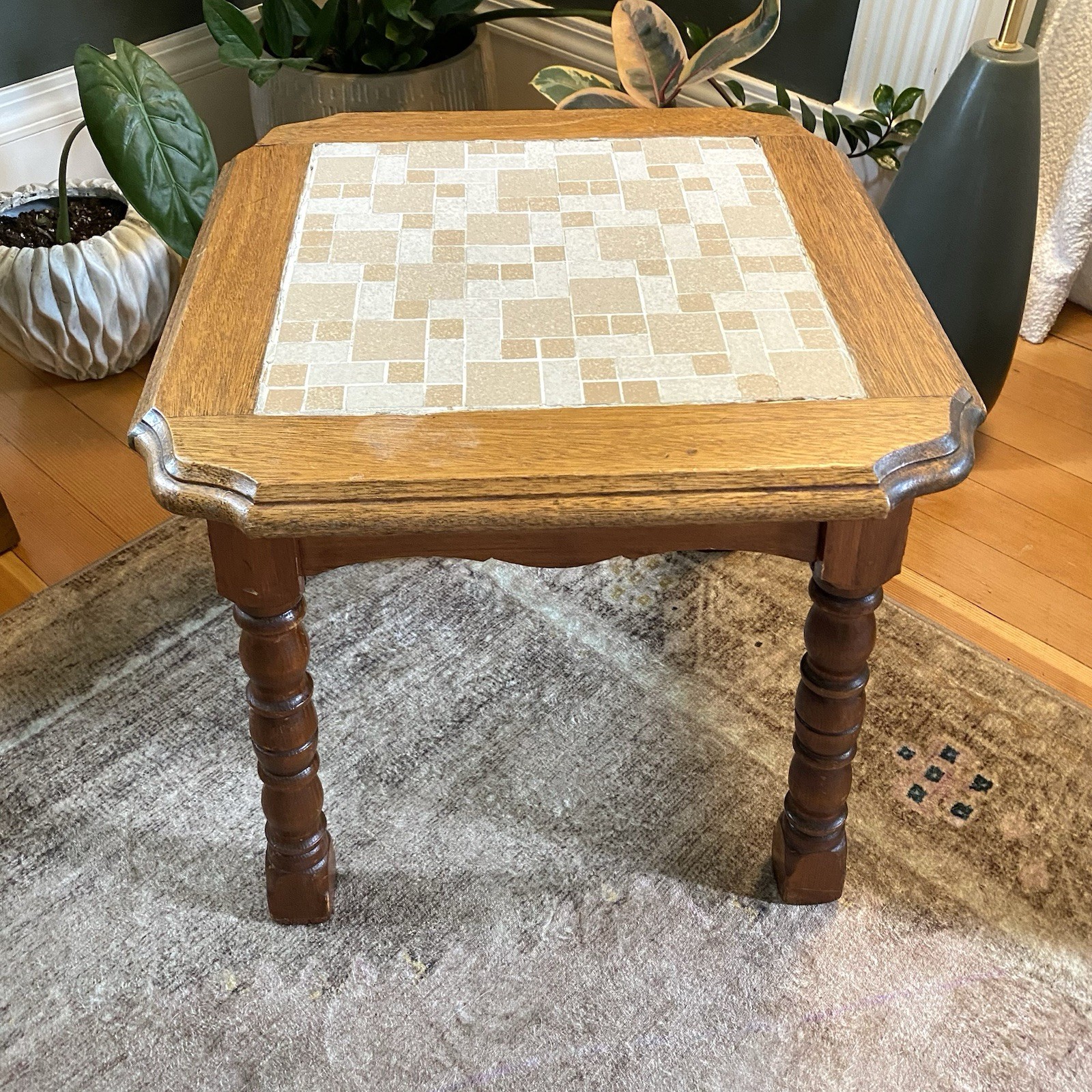Vintage MCM 1970s Tile Top Side Table w/ Turned Oak Legs – Plant Stand End Table