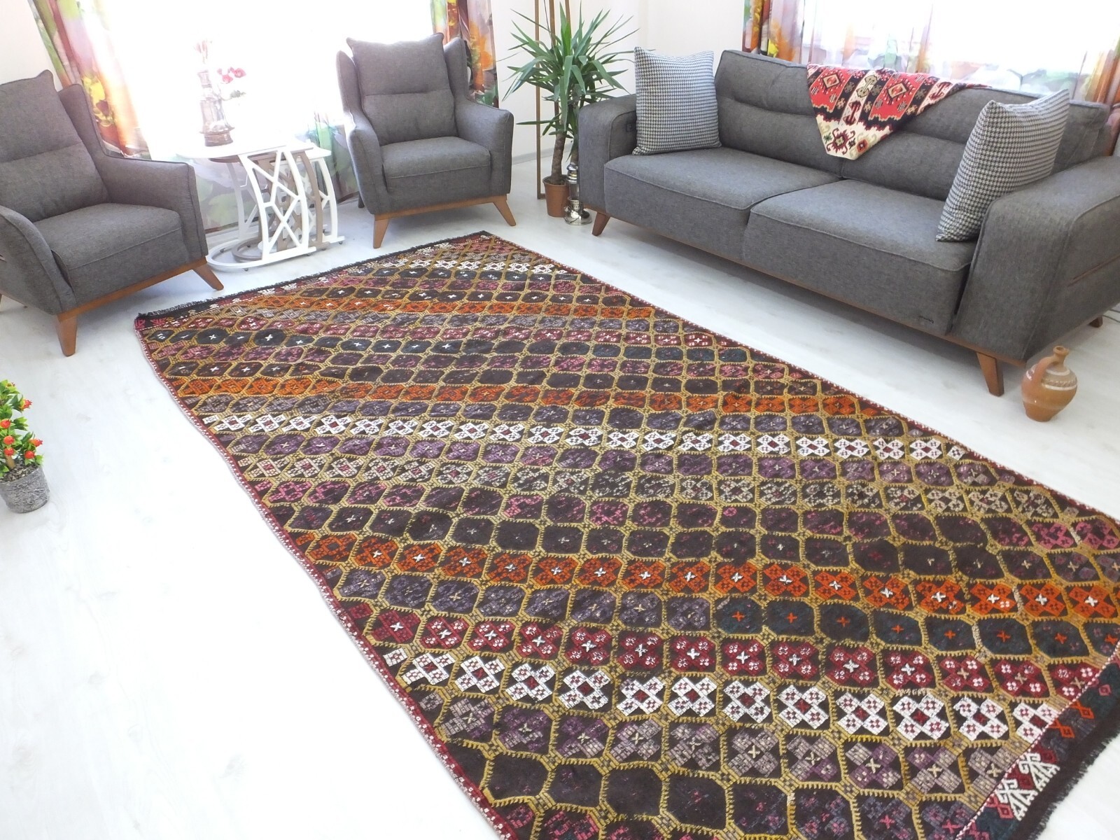 Turkish Vintage Kilim, 6×11.4ft, Multicolor Geometric Handmade Living Room Rug,