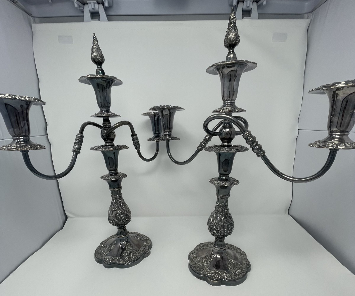 Antique Sheffield Silver Co 3 Light Candelabras ~1920 Silver on Copper 19″ PAIR