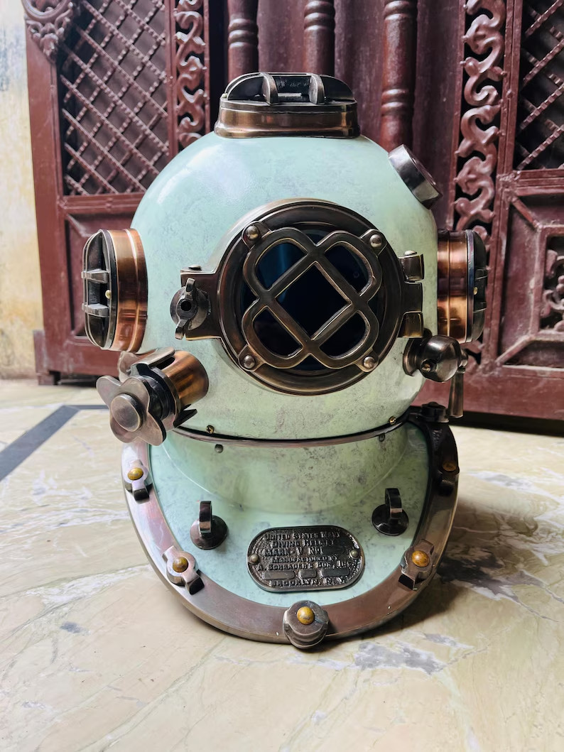 18” Antique Green Patina U.S. Navy Mark V Diving Helmet – Vintage Nautical Mari