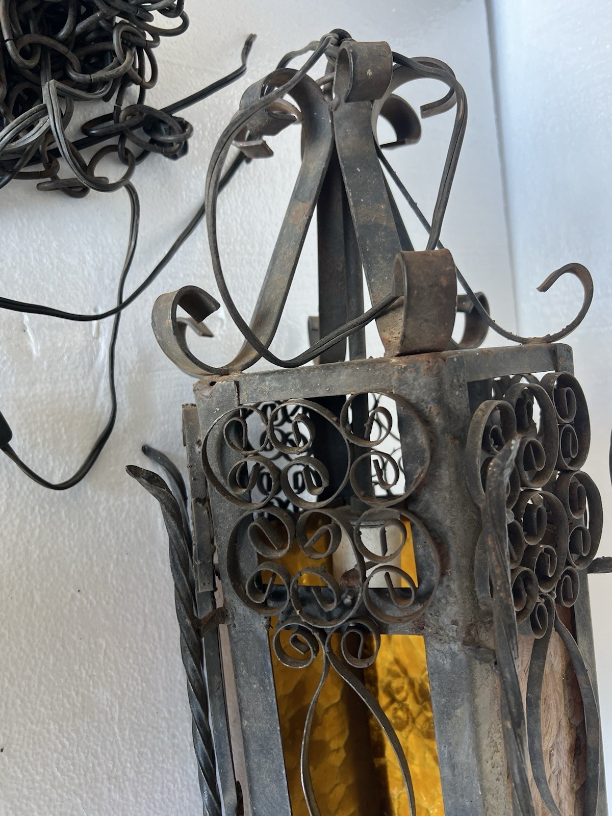 Mid century Spanish Revival / Gothic hanging lantern with amber glass For Repair