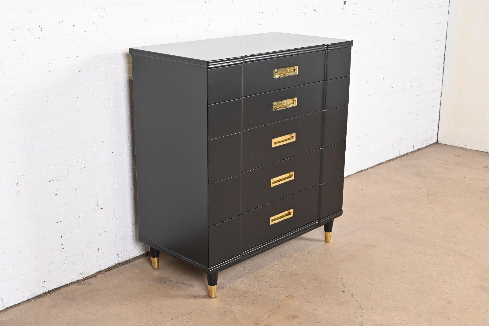 John Widdicomb Hollywood Regency Campaign Black Lacquered Highboy Dresser