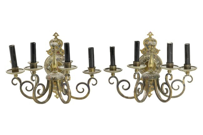 Pair Neoclassical Style Cast Brass 4-Arm Electric Wall Sconces 10 in. x 15 in
