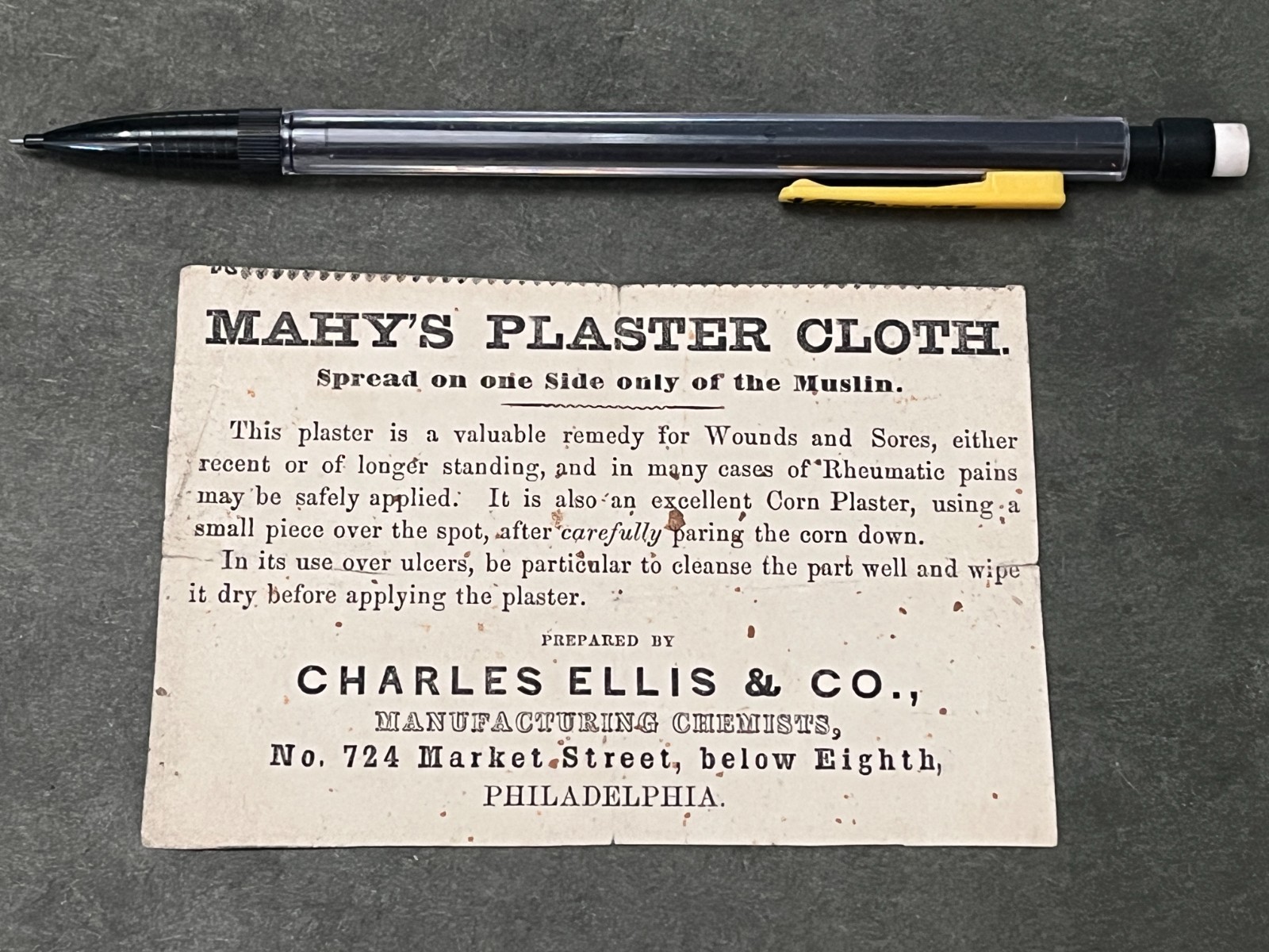 c1850s PHILADELPHIA CHEMIST CHARLES ELLIS MEDICAL MAHY’S PLASTER CLOTH AD FLYER!