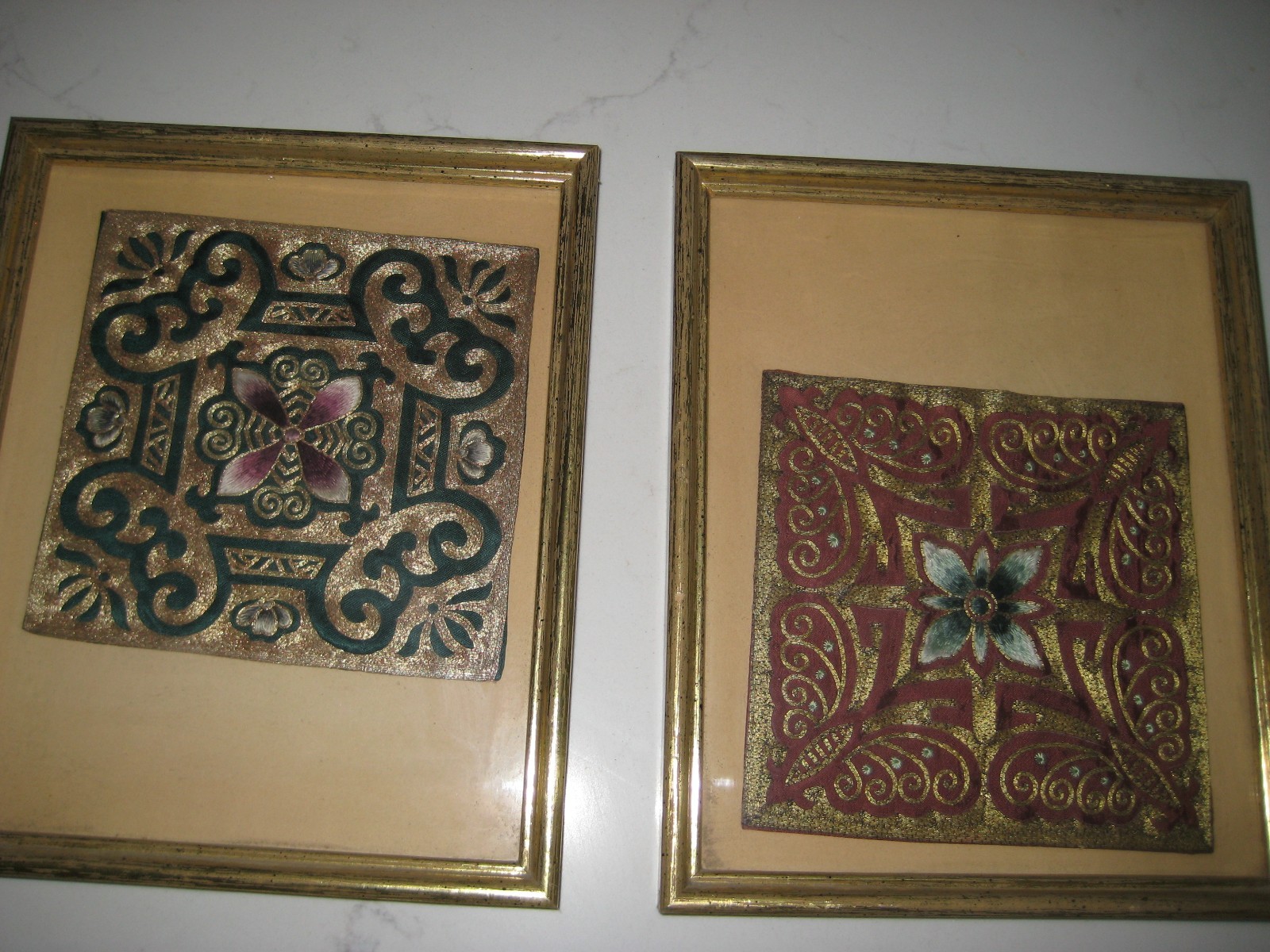 Gold Wood Framed Chinese Textile Embroidery Gold Metallic Thread Couched Stitch