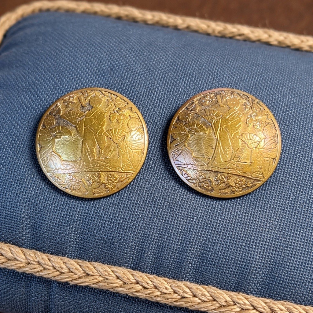 Antique Brass Geisha Buttons – 1 1/8” – Pair Figural Asian Repousse – 1890-1920