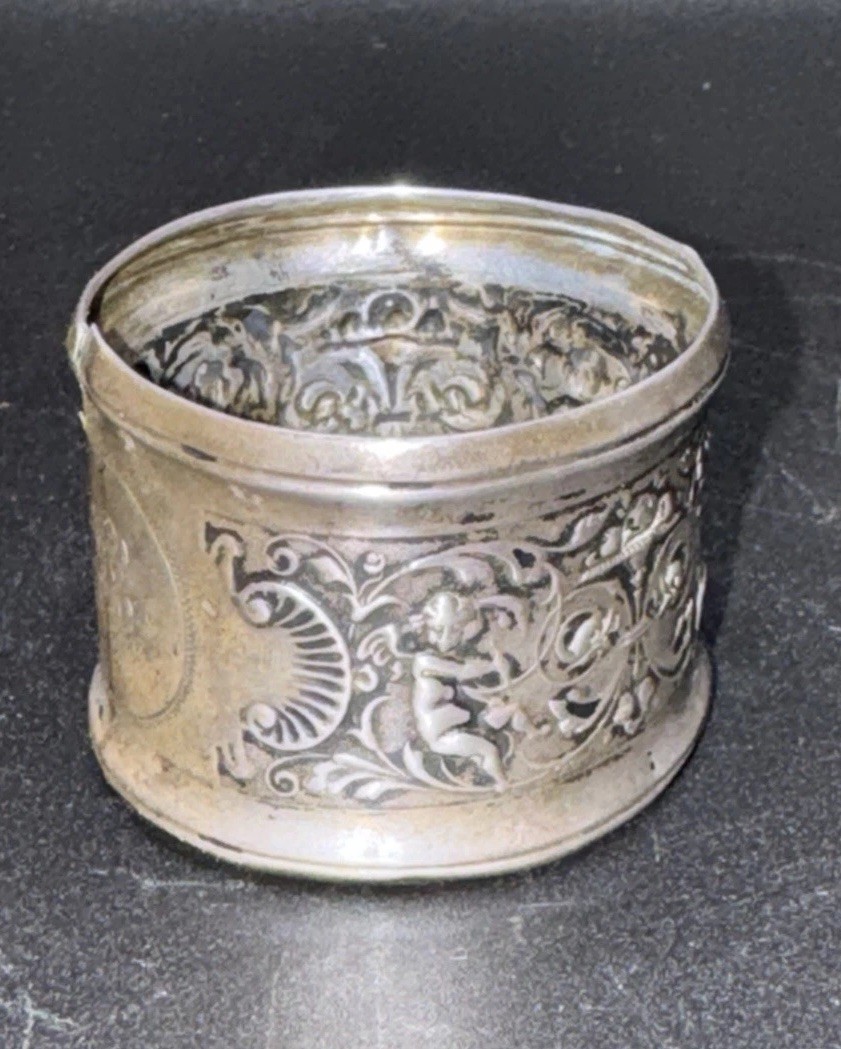 Antique Figural Cherub Repoussé Silver Napkin Ring Ornate Putti Design Monogram