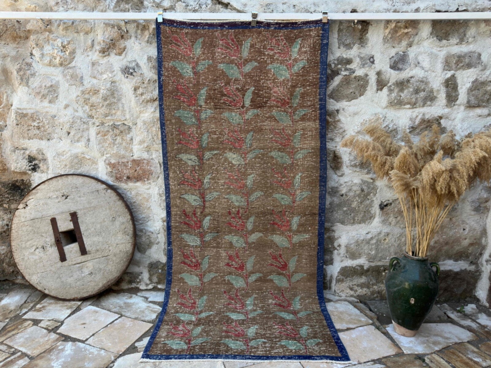 Hand-Knotted Oushak Rug 4×9 Brown Wool Floral Carpet Medium Size Anatolian Rug