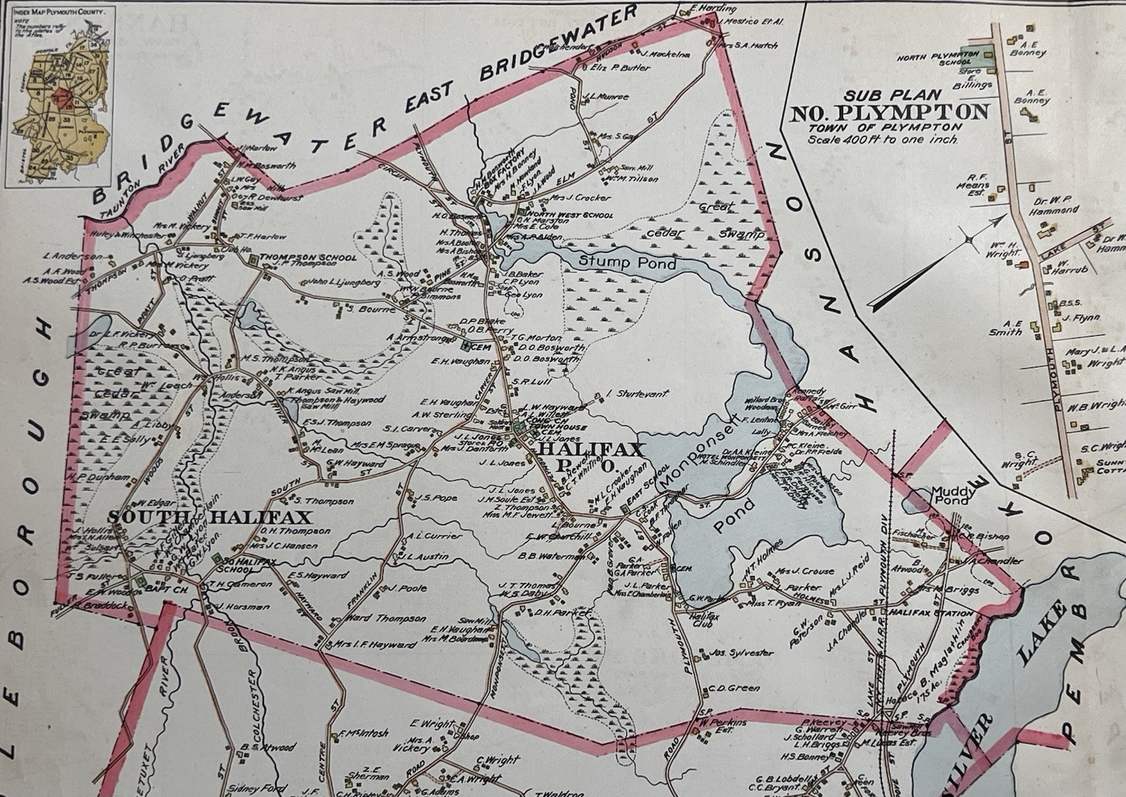 Orig 1903 Map Halifax + Plympton,Silver Monponsett Lake,Stump Pond,MA Mass,Old