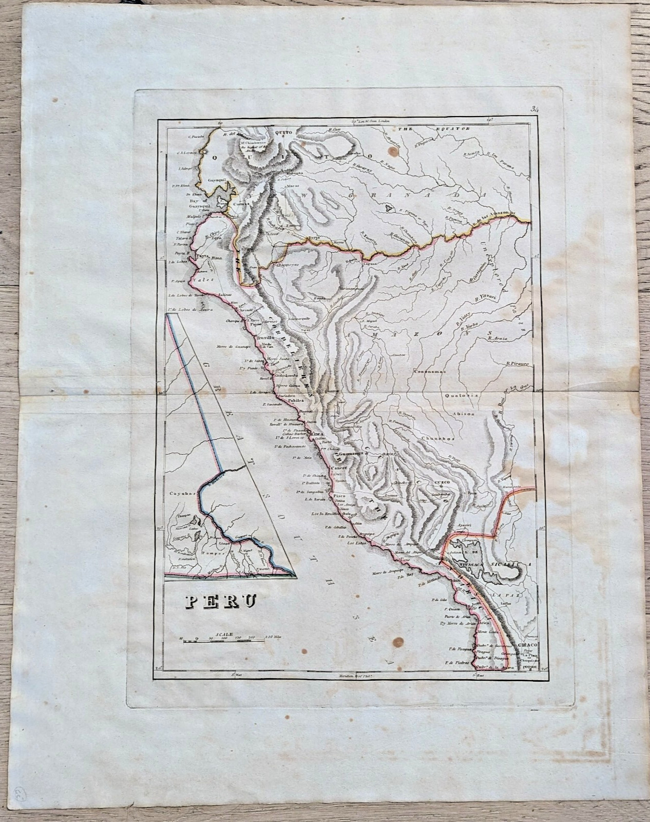 PERU 1814 Mathew Carey Map Original Antique South America Atlas