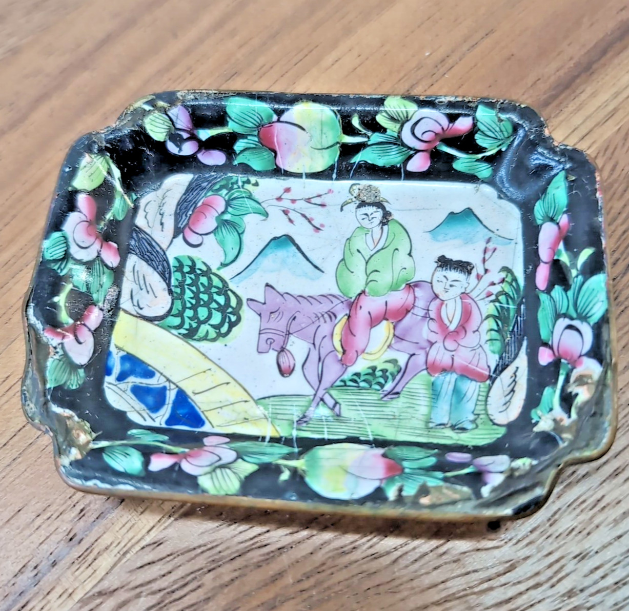 Antique Canton Enamel Tray Trinket Dish – Hand Painted Asian Scene, 3″