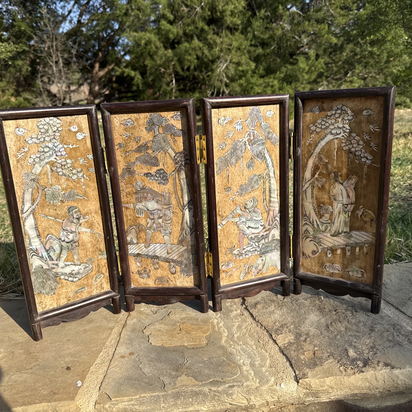 VINTAGE Chinese Table Screen Mother of Pearl Asian Art Wood Stone Antique Panels