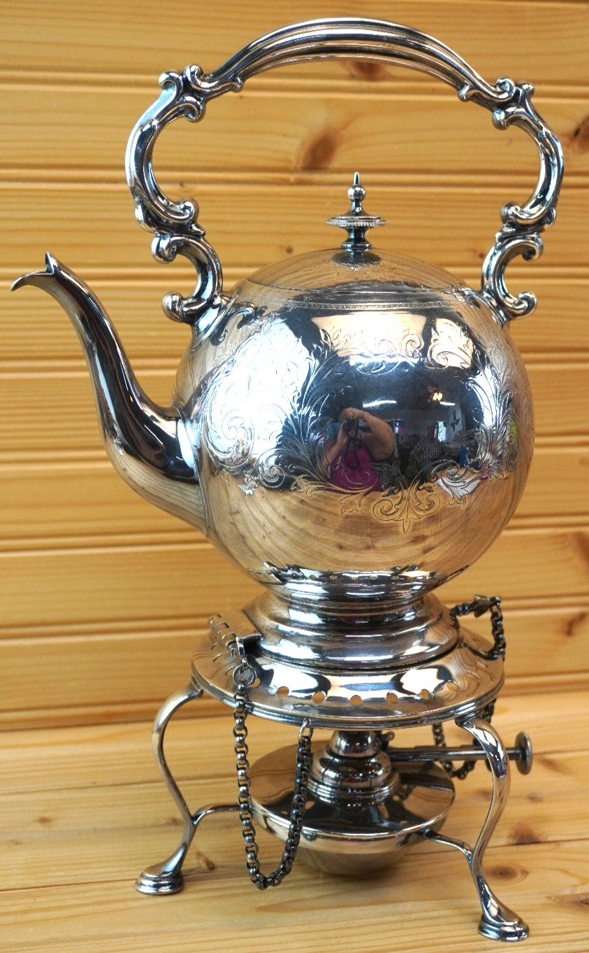 W Crouch & Sons Edinburgh Antique Tilting Teapot on Stand w/Burner, 1855-70