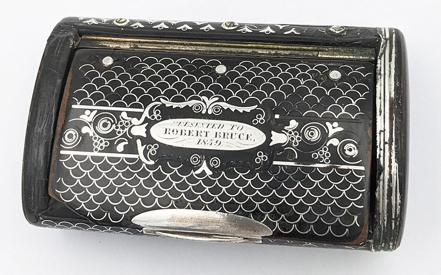VICTORIAN SILVER PIQUE & LACQUER SNUFF BOX ‘ROBERT BRUCE 1859’