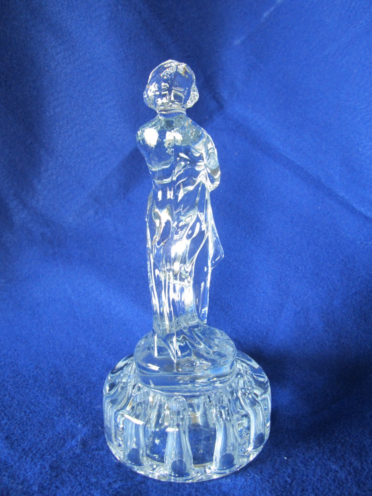 1930’s CAMBRIDGE ART GLASS “BASHFUL CHARLOTTE” DRAPED NUDE CRYSTAL FLOWER FROG