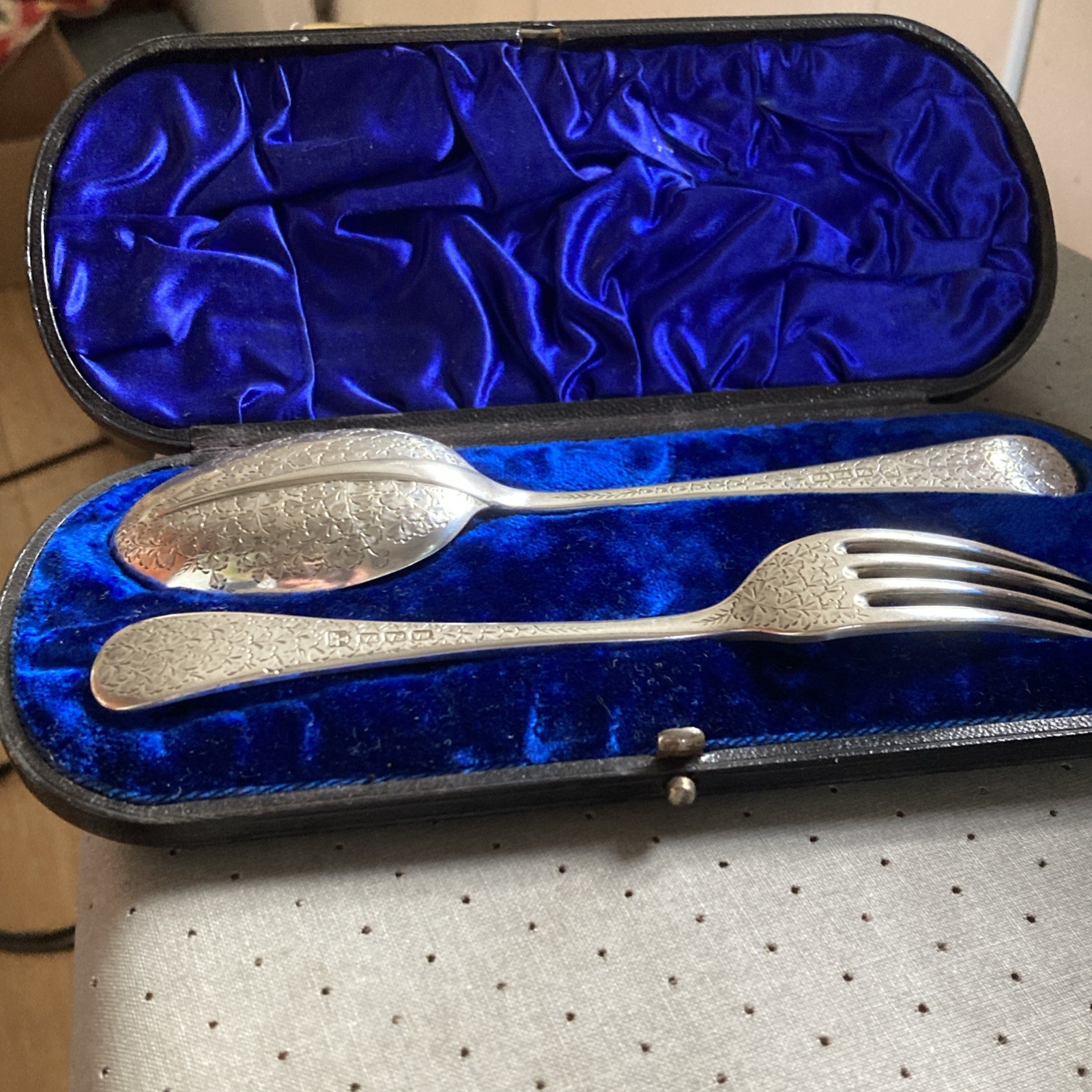 Antique Vintage Victorian Silver Plated Spoon & Fork in Case