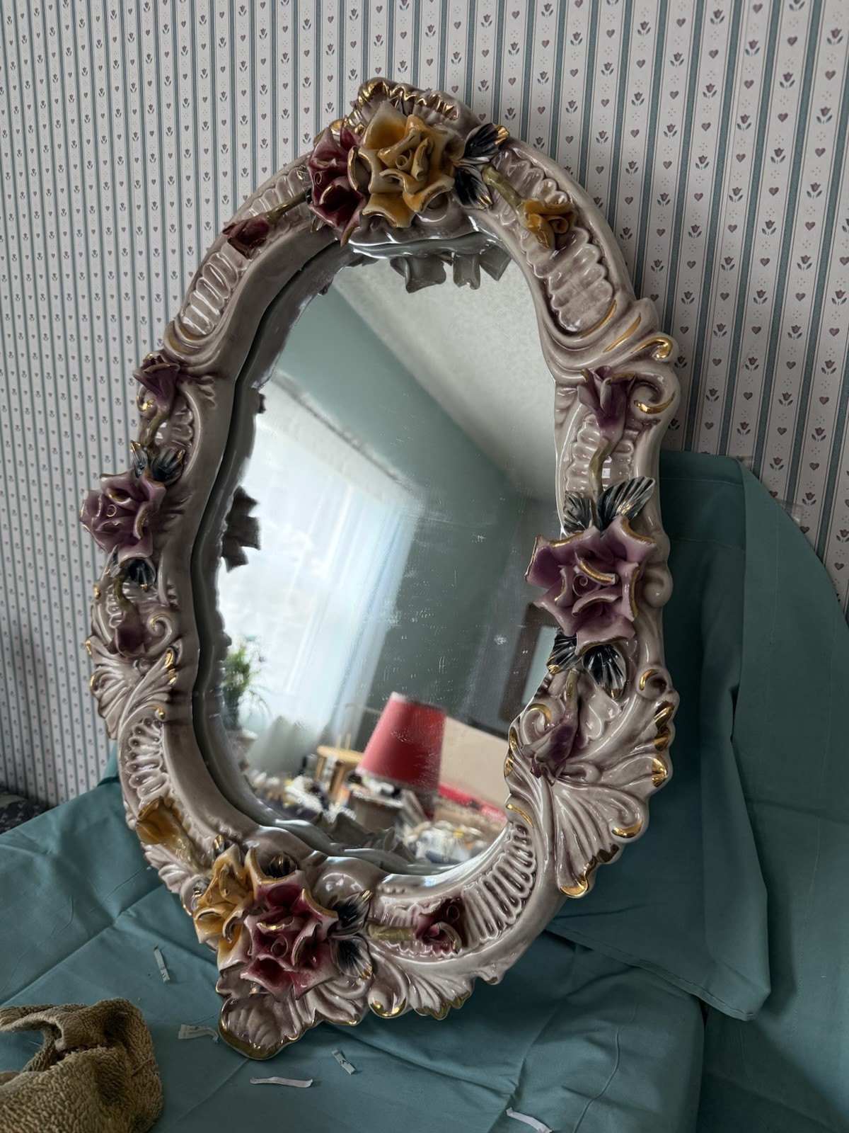 Capodimonte Style Porcelain Mirror and Wall Shelf Set. Vintage.