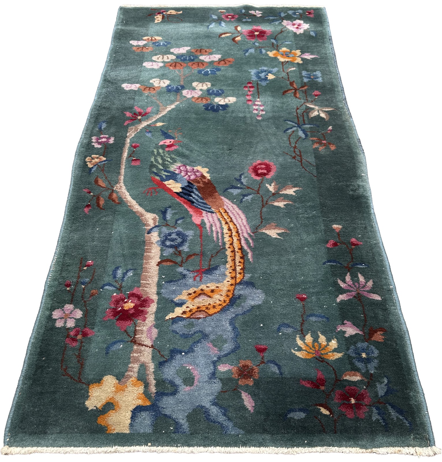 3×6 Antique Art Deco Chinese Rug Blue Tree of Life Bird Tapestry 92x178cm C.1920