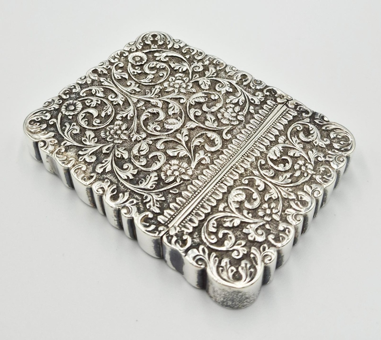FINE INDIAN COLONIAL KUTCH SOLID SILVER FLORAL CARD CASE c1890