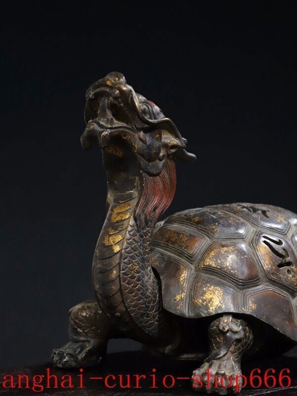 9.2″Bronze gilt longevity Dragon turtle Tortoise turtle Incense burner Censer