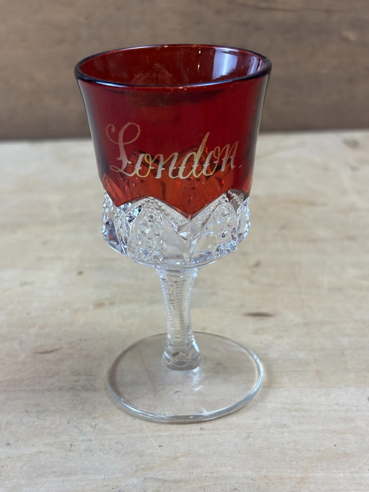 #41G Antique London Ruby Red Flash Souvenir Glass Cut Glass Goblet