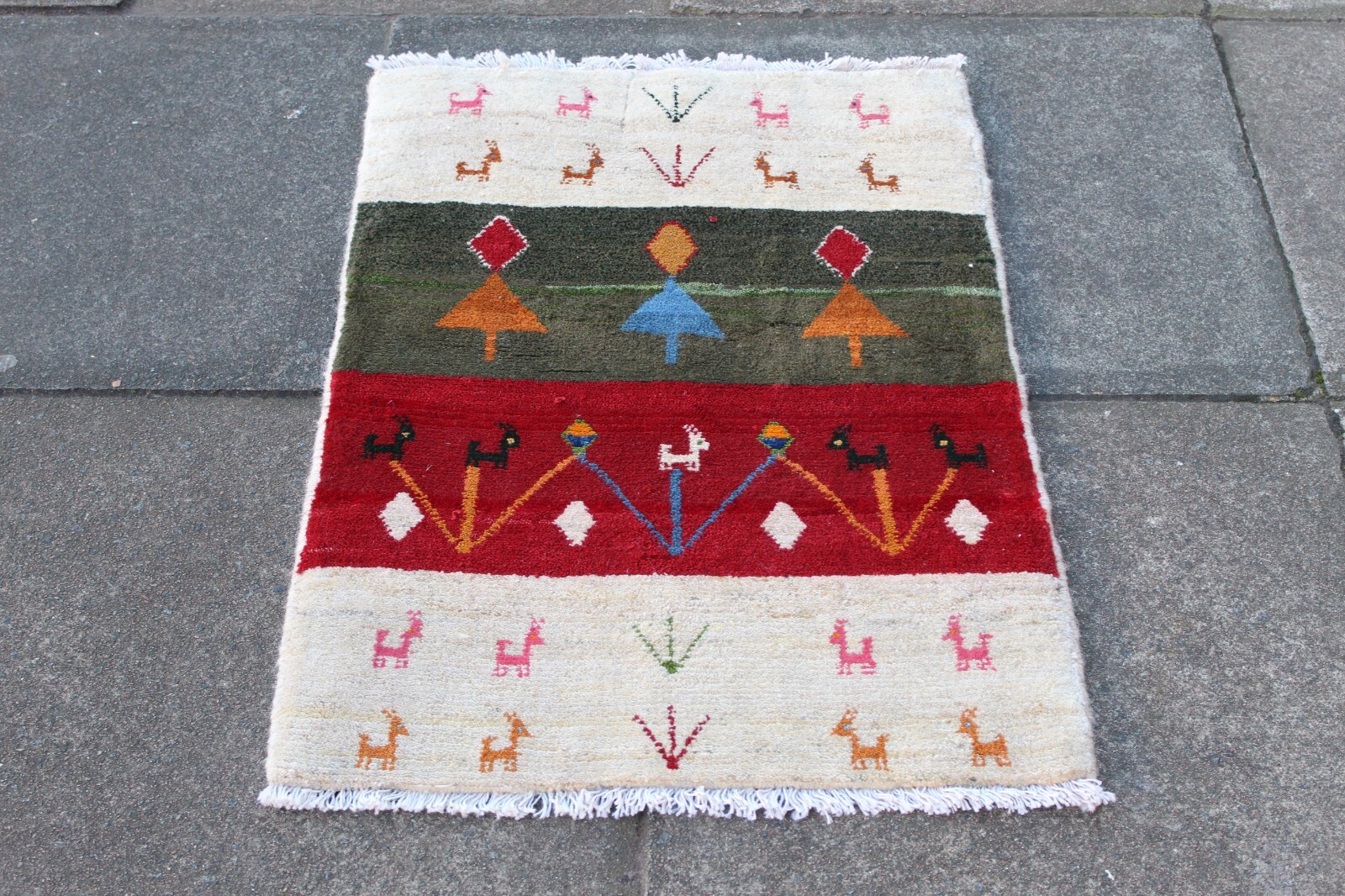 Vintage Traditional Hand Made Oriental Gabbe Wool White Red Green Rug 91x62cm
