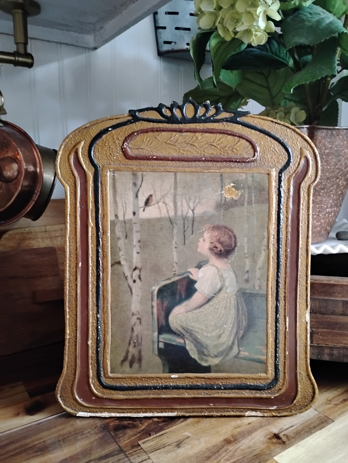 Gorgeous Antique Vintage Art Deco Gesso Picture Art Spring Song Gilt 14×11 Gold