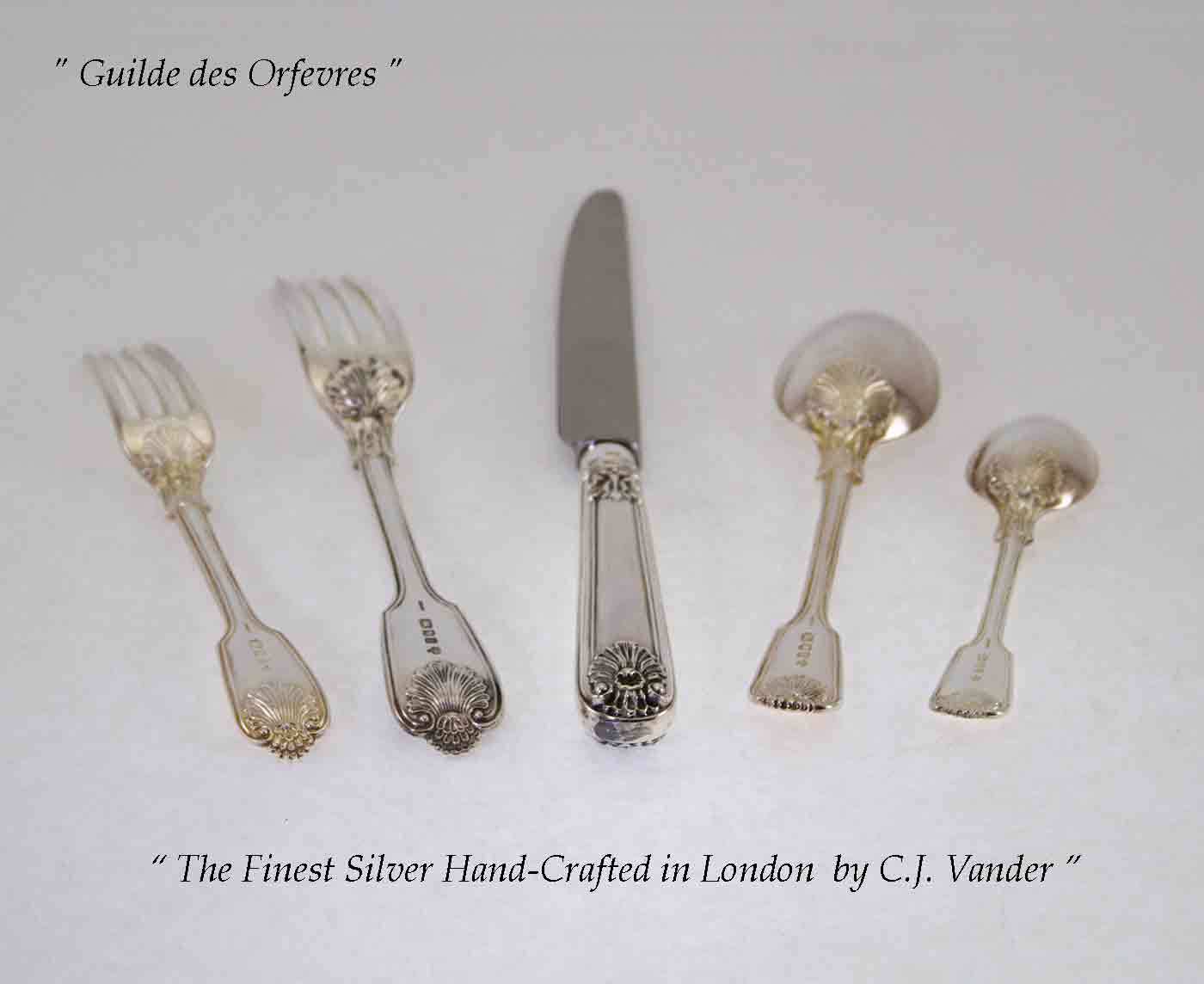Sterling Silver Flatware 5-pc Place-Setting,Fiddle Thread Husk-Hand-Forged