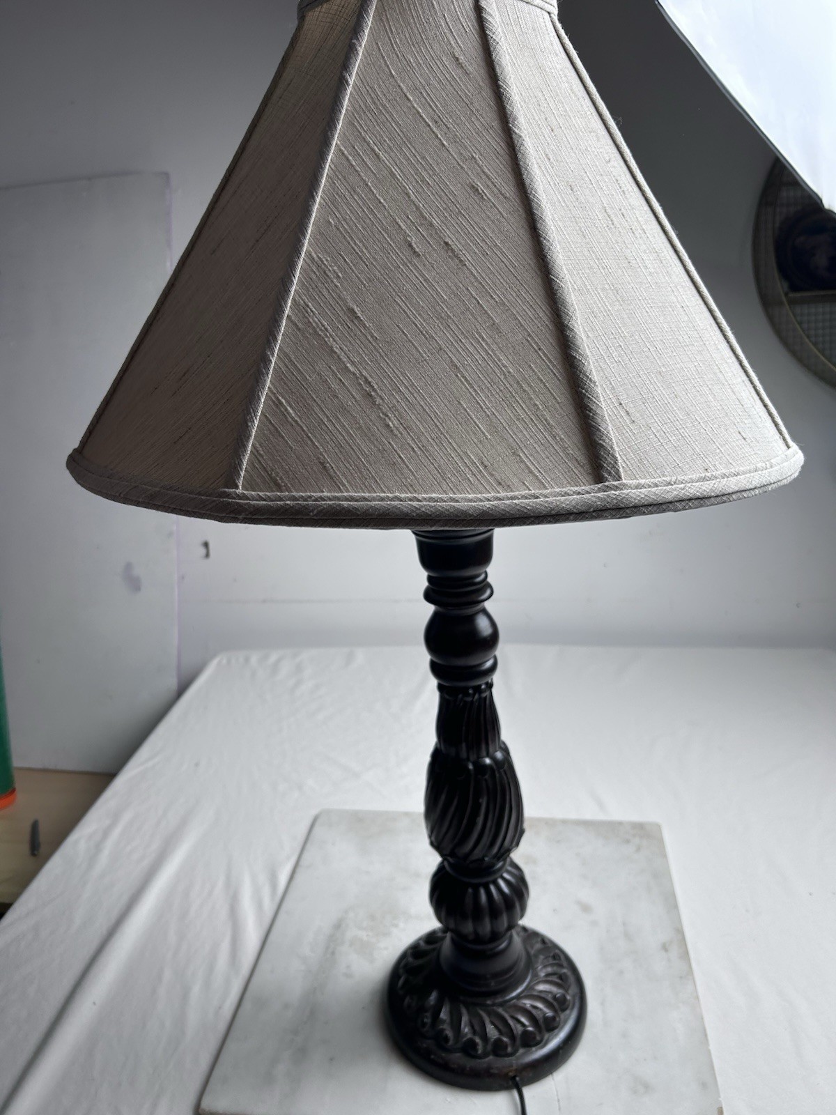 Two Hand Carved Large Wood Light Stands With Lampshades Dark Brown