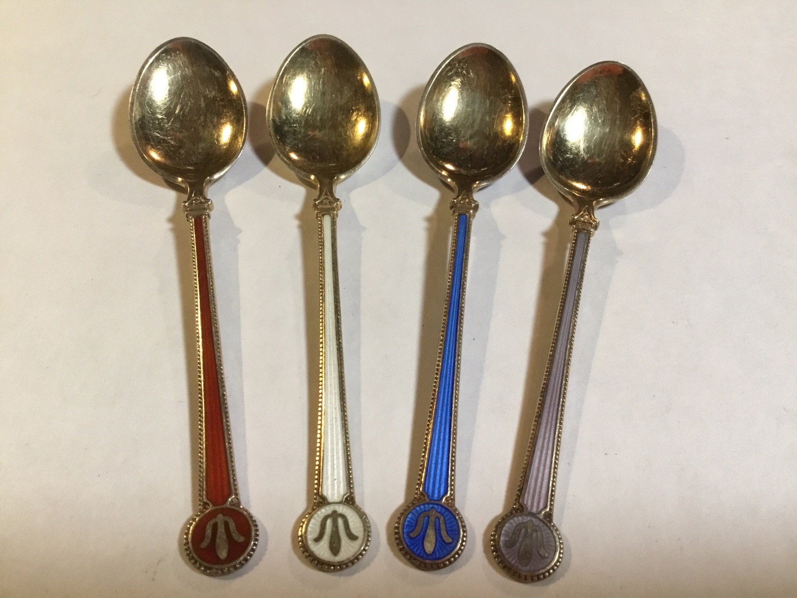 4 David Andersen Norway Sterling Silver Gilt Guilloché Enamel Spoons Demitasse
