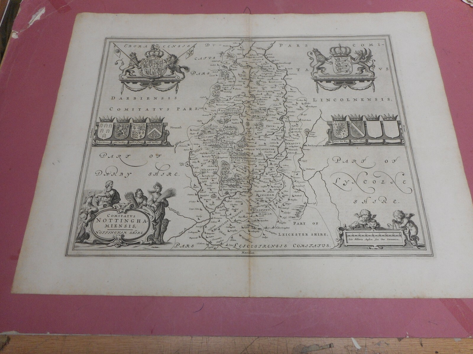 100% ORIGINAL LARGE NOTTINGHAMSHIRE MAP BY J BLAEU C1646 HAND COLOR