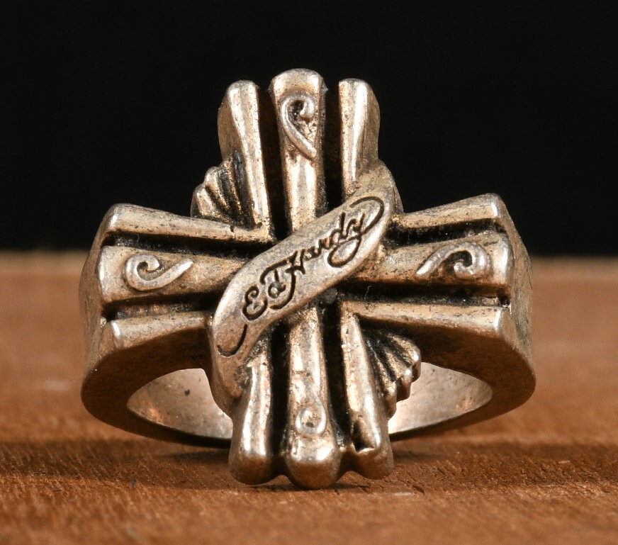 2.7CM Antique Tibet Old Silver Fengshui Cross Exorcism Blessing Ring Finger Ring