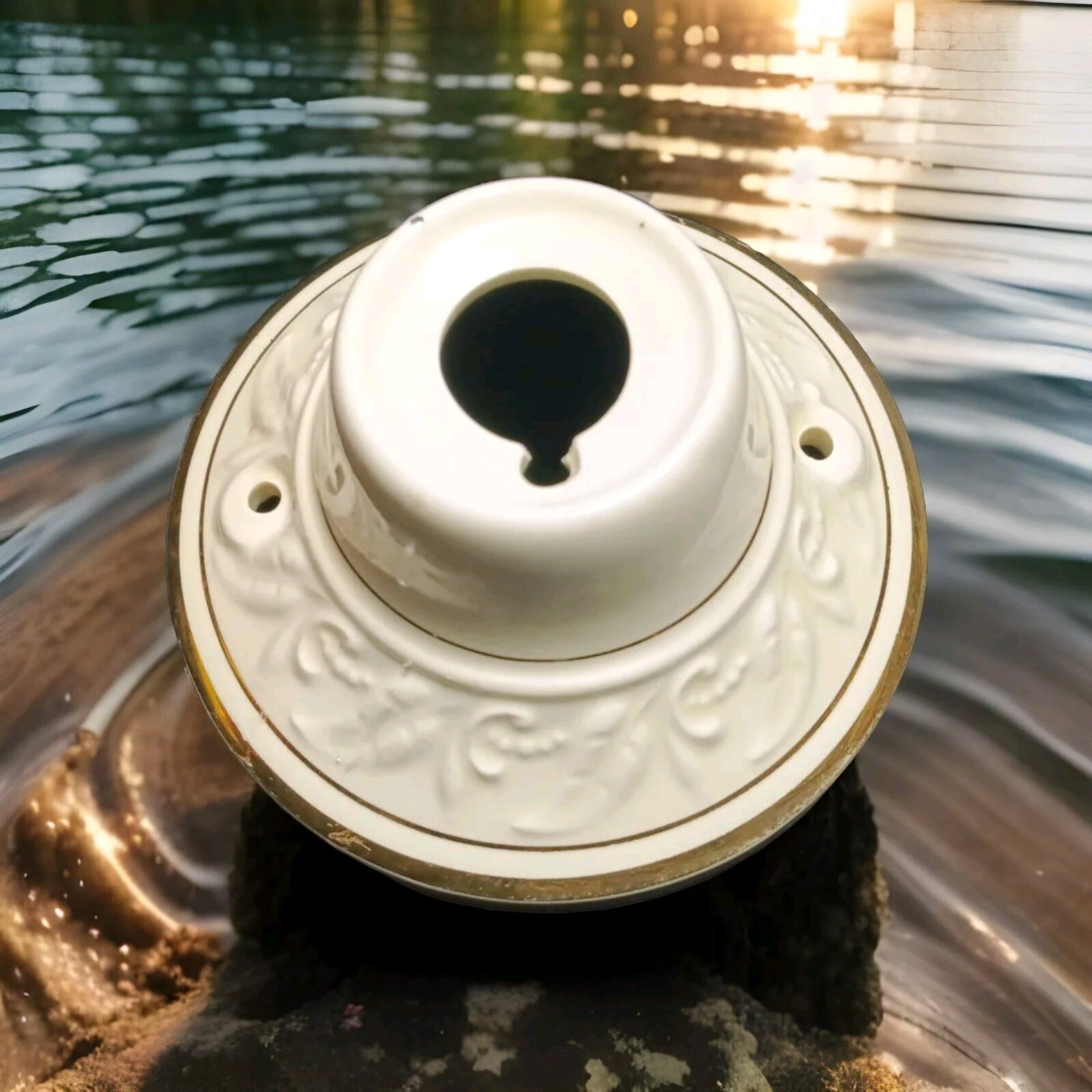 Porcelier Ceramic Ceiling Light Fixture Off White And Gold 5.5″W x 3″H