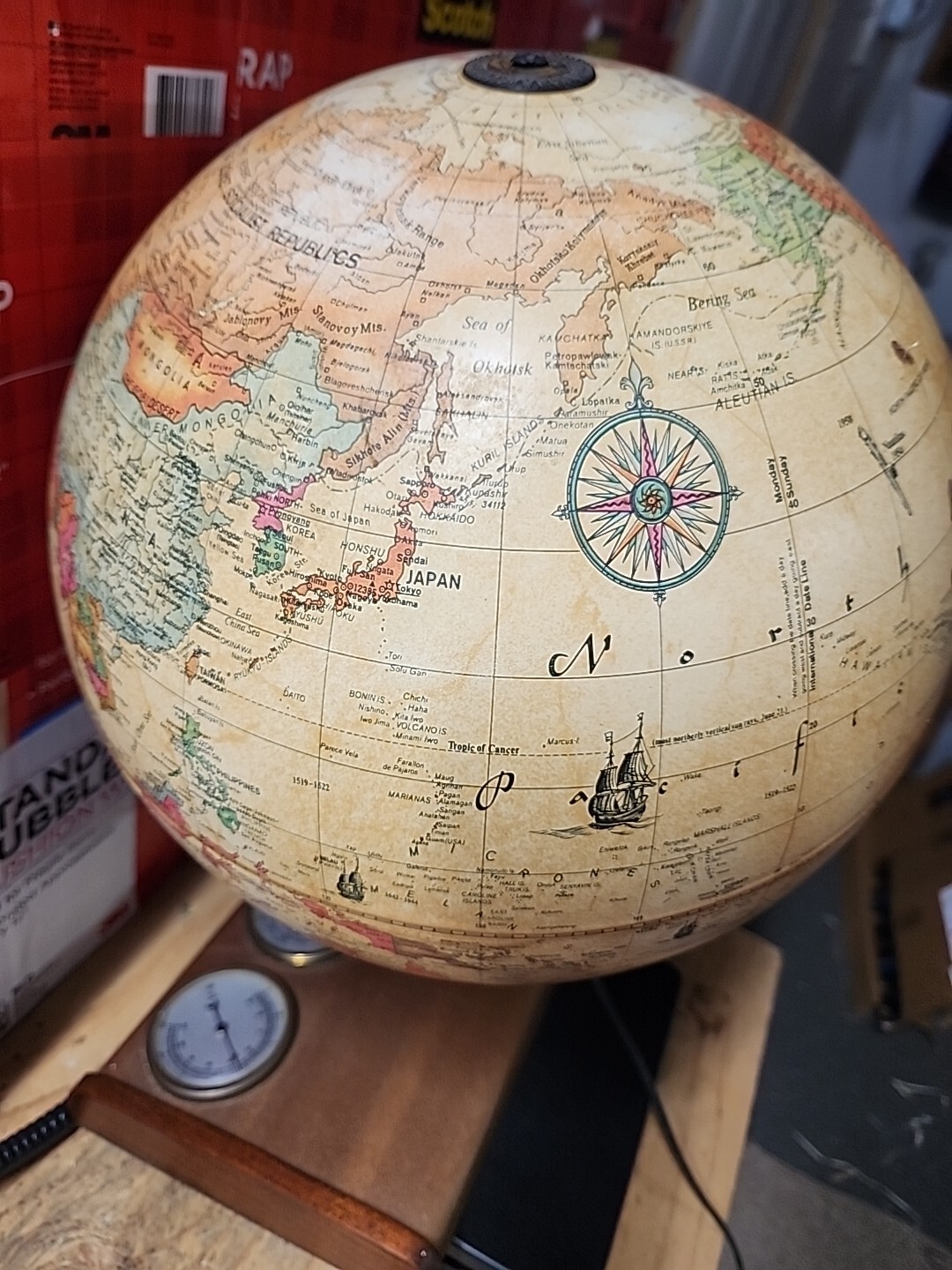 Lighted Scan Globe World Discoverer 12” w/ Weather Station Gauges—Denmark 1980