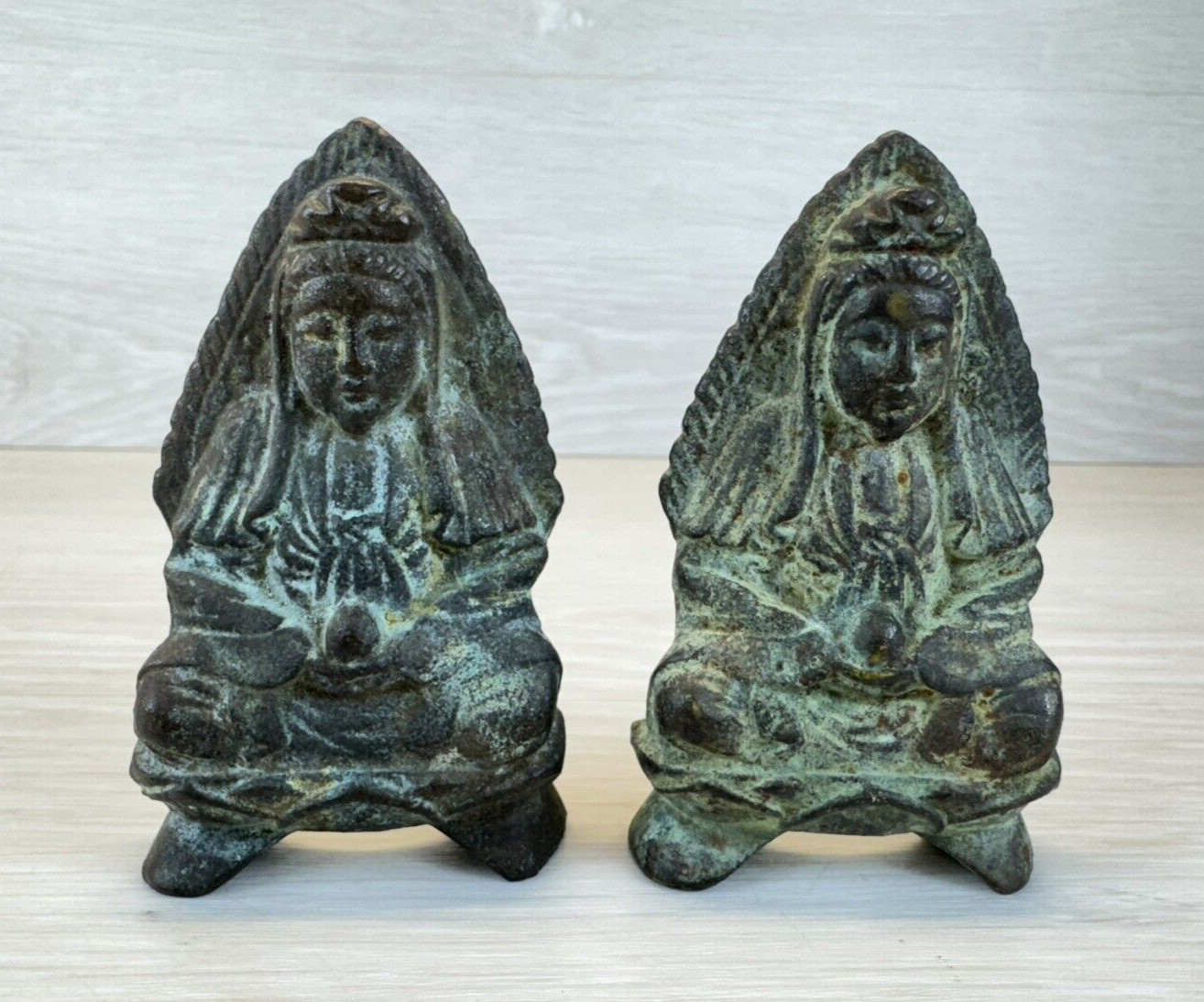 Pair of Folk China Tibet Buddhism Temple Bronze/Copper ? Figures w Patina 3.5″