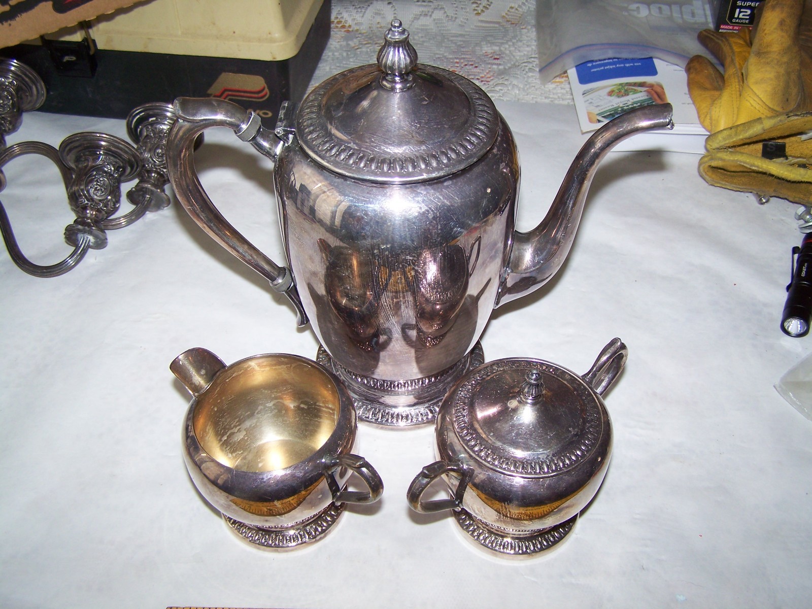 Vintage WM Rogers & Son Silverplate Tea Coffee Pot, cream & sugar Set No. 1211