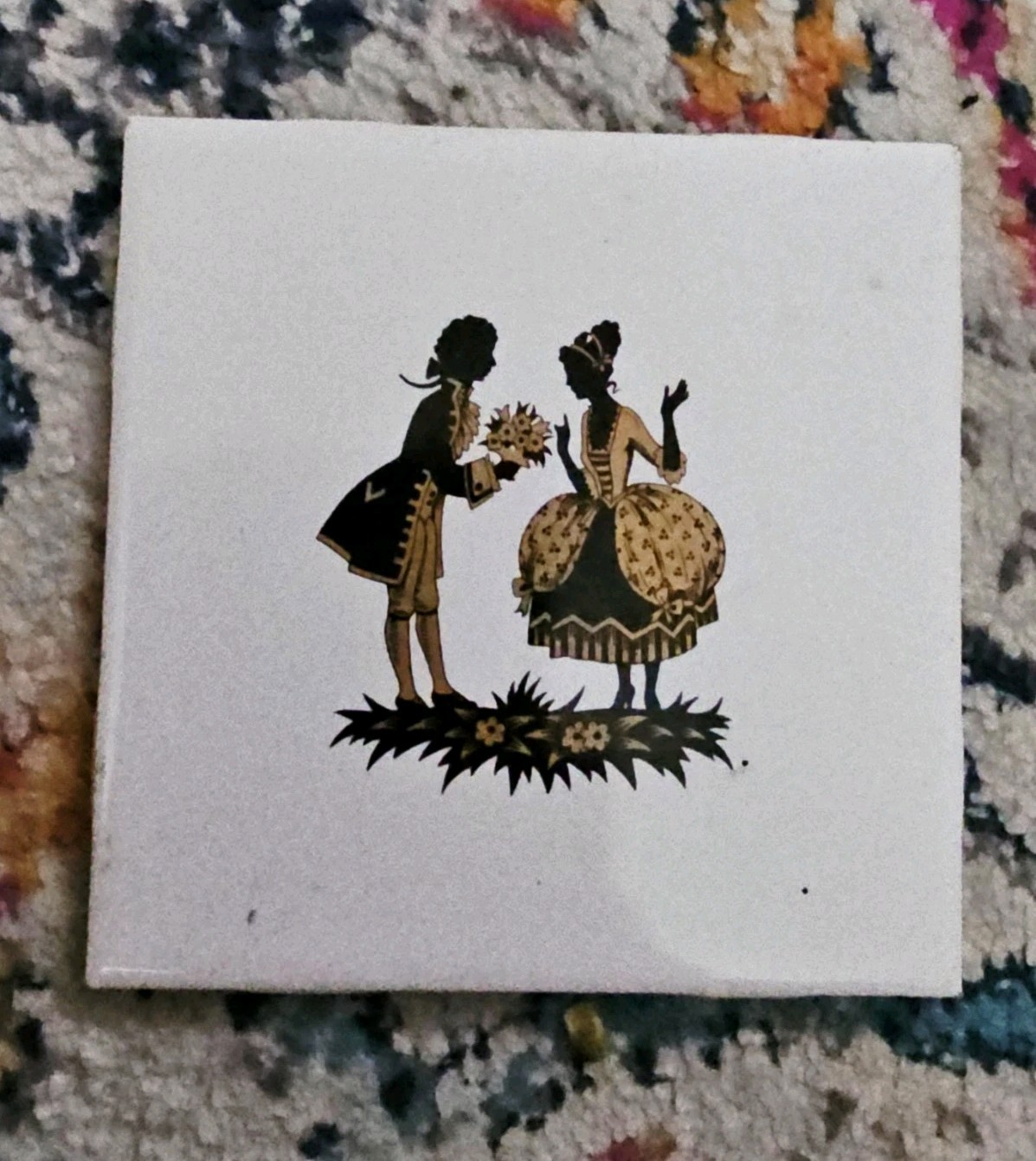 Vintage Decorative Ceramic Transferware Tile Courting Couple Navy & Gold Design